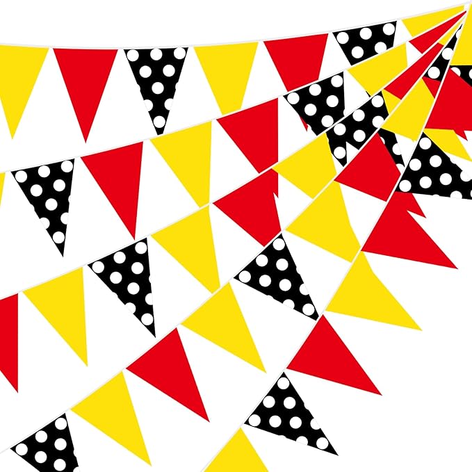 HESTYA 5 Pieces 49 Feet Mouse Pennant Banner Cartoon Party Decorations Cartoon Themed Red Yellow Black White Dot Triangle Flags Bunting Banners for Birthday Wedding Party Decor Indoor Outdoor Supplies