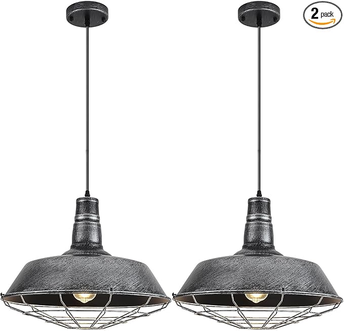 Large Farmhouse Pendant Lights 2 Pack, 18.1 Inch Oversized Industrial Pendant Light, Black and Silver Barn Pendant Light with Wire Cage, Island Pendant Lights for Kitchen Barn Warehouse