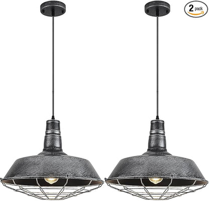 Large Farmhouse Pendant Lights 2 Pack, 18.1 Inch Oversized Industrial Pendant Light, Black and Silver Barn Pendant Light with Wire Cage, Island Pendant Lights for Kitchen Barn Warehouse
