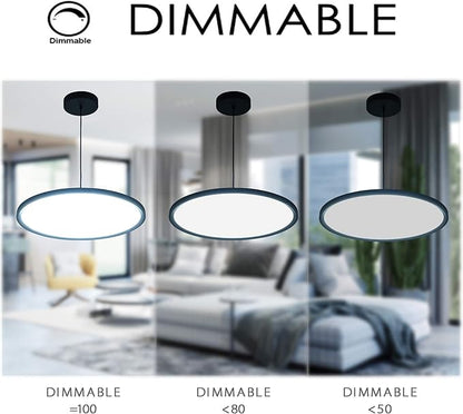 MADEM Modern LED Pendant Light 23.6'' Disc Chandelier Hanging Lighting Fixture with Acrylic Shape Dimmable Office Chandelier 6000K for Office Room Football Bedroom Decor Kitchen Island, Black