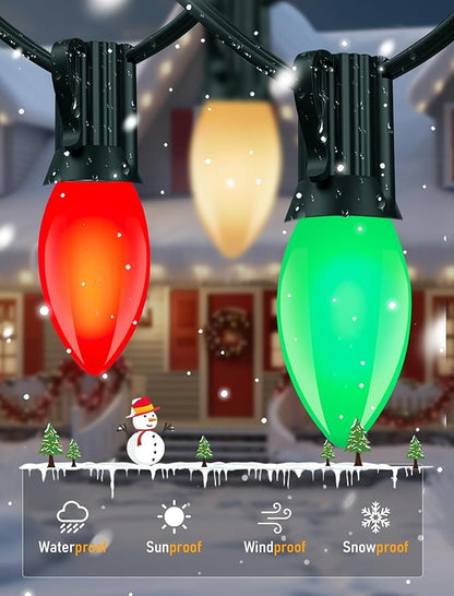 C9 LED Christmas Lights Outdoor 25Ft Outdoor Christmas Decorations String Lights Waterproof with 26 C9 LED Red White and Green Bulbs, Hanging Vintage Christmas Light for Garden Party Pathway Roofline