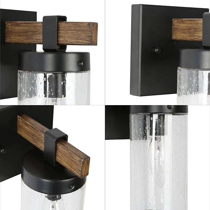 KSANA Black Wall Sconces, Farmhouse Faux Wood Wall Light Fixtures with Seeded Glass Shade for Bedroom, Bathroom, Living Room