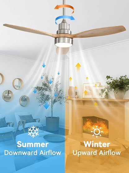 Sofucor 52 Inch Solid Wood Smart Ceiling Fans with Lights and Remote, Works with App/Alexa/Google, 6-Speed Outdoor Ceiling Fan with Light, 3 Blade Ceiling Fan, Quiet DC Motor for Living Room Patio
