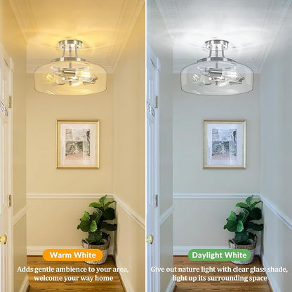 3-Light Semi Flush Mount Light Fixture, Modern Industrial Glass Ceiling Light with E26 Base, Metal Semi Flush Ceiling Light for Living Room Kitchen Bedroom Hallway Balcony, No Bulbs, Brushed Nickel