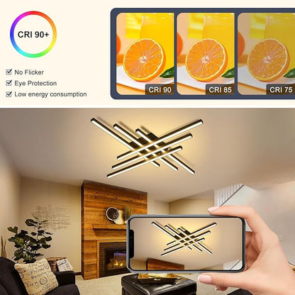 43" Black Modern LED Ceiling Light with Remote 3000K/4500K/6000K Close to Ceiling Lights Creative Design Ceiling Lamp for Bedroom Living Room Kitchen Hallway Dining Room(96W, 6 Lights)
