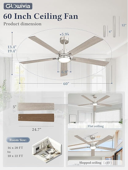 60 Inch Ceiling Fan with Lights and Remote, Smart APP Control, Dimmable with All-Setting Memory, Quiet DC Motor Reversible Blades, Damp Rated Modern Ceiling Fan for Bedroom Patio Living Room