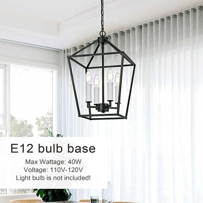 MELUCEE 12-inch Black Cage Chandelier 4-Light Farmhouse Lantern Pendant Light Openwork Cage Hanging Light Fixtures Ceiling with White Candle-Shaped Lamp Holder for Kitchen Island, Dining Room, Foyer