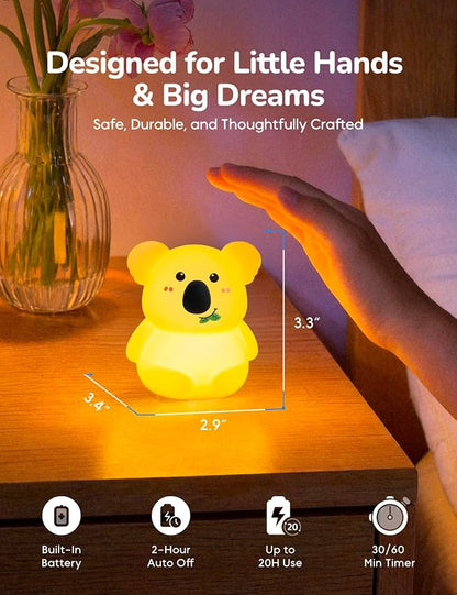 Slumber Pal Mini Koala Night Light for Kids, Silicone Squishy Night Light with 8 Color Changing, Warm Red Glow & Timer, Portable Rechargeable Night Light for Baby Car Seat, Bedroom & Travel