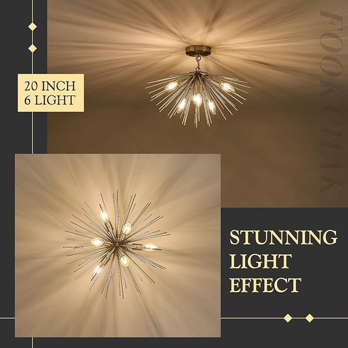 Nickel Sputnik Ceiling Light, 6-Light Starburst Chandelier Ceiling Lights Mid Century Modern Satellite Flush Mount Light Solid Metal for Entry Kitchen Sink Dining Room