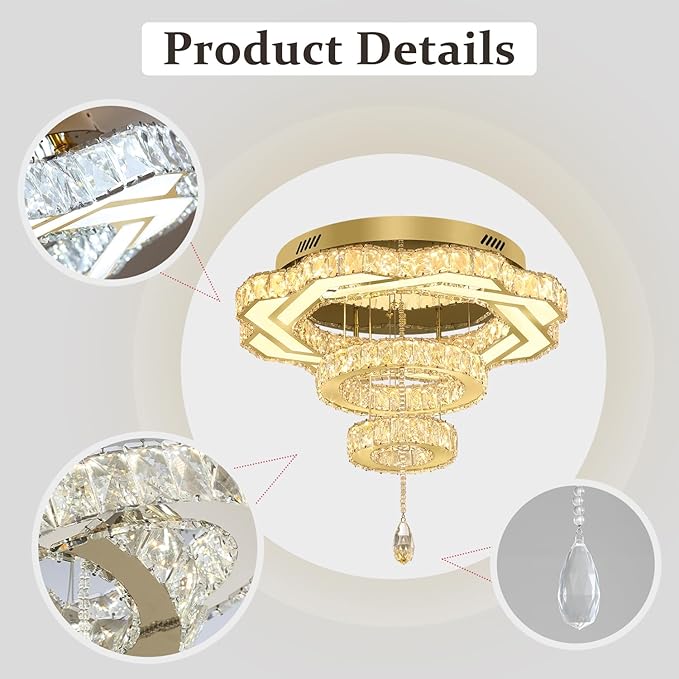 Flashing God Modern Crystal Chandeliers Dia 24" Gold Ceiling Chandelier Flush Mount Crystal Ceiling Light for Bedroom Living Room Dining Room Hallway LED Dimmable