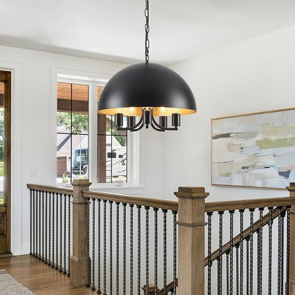 Black and Gold Ceiling Light - 17.7 Inch Black Large Farmhouse Dome Dining Room Chandelier 5-Lights Kitchen Island Pendant Hanging Lighting Modern Foyer Entryway Hallway