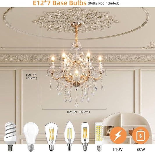 Luxurious K9 Crystal Chandelier for Living Room & Bedroom – Elegant Modern Ceiling Light, Adjustable Height, Energy-Efficient LED (7 Lights E12 Bulbs)