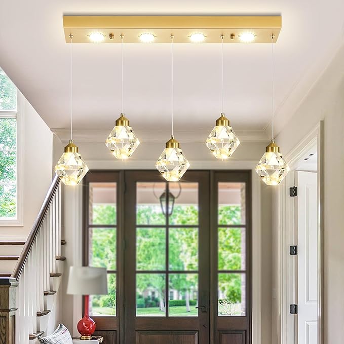 5-Lights Rectangular Pendant Light LED Dimmable Linear Crystal Chandelier Modern Rectangular Chandeliers for Dining Room Bedroom Gold Hanging Light