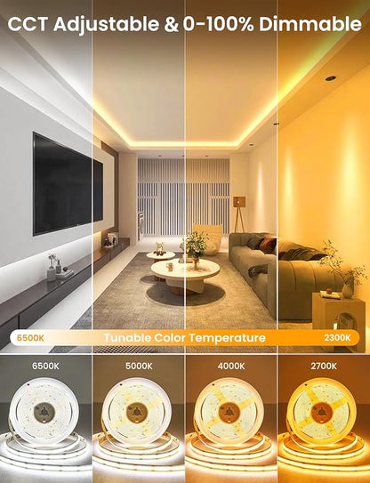 COB LED Strip Light 32.8ft, Dimmable 2300K-6500K White CCT Tunable, DC 24V Cuttable LED Tape Light, High Density 6080 LED 48W CRI 90, APP Remote Control, Music Mode, For Home DIY, Living Room, Bedroom