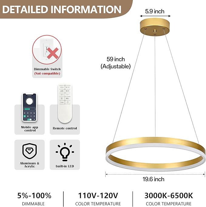 20" Modern Gold Led Chandelier Ring Dimmable LED Chandeliers with Remote Control for Kitchen Island Height Adjustable Chandelier Led Pendant Light for Living Room Dining Room Bedroom Foyer