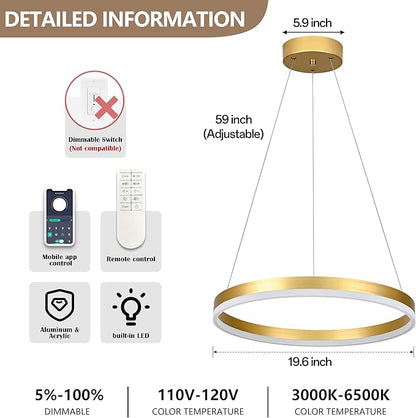 20" Modern Gold Led Chandelier Ring Dimmable LED Chandeliers with Remote Control for Kitchen Island Height Adjustable Chandelier Led Pendant Light for Living Room Dining Room Bedroom Foyer