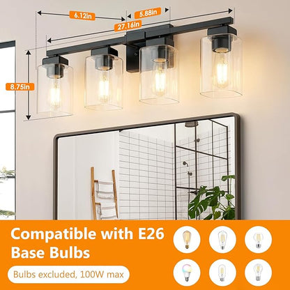 BesLowe 27" 4-Light Bathroom Light Fixture, Modern Black Bathroom Vanity Light, Bathroom Lighting Fixtures Over Mirror, Matte Black Wall Lamp, Wall Lights for Living Room Bedroom Hallway