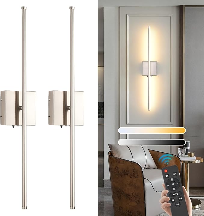 Brushed Nickel Battery Operated Wall Sconces Set of 2, 11000mAh Wireless Rechargeable Wall Lights with Remote Control, 350°Rotate Dimmable Wall Lamp, 3 Color Temperatures, for Bedroom, Living Room