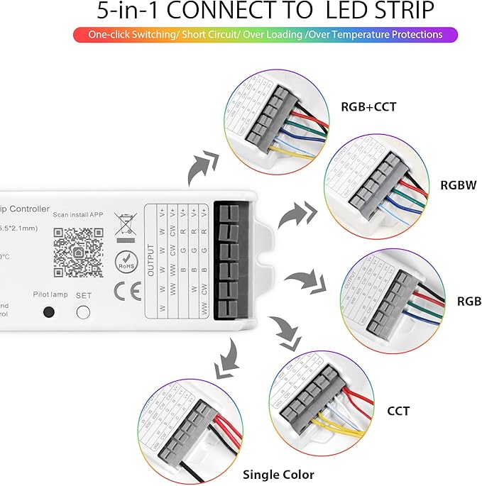 LM052 ZigBee 3.0 LED Strip Controller RGB CCT RGBW 5in1 Dimmable Compatible with Smart Life APP/Alexa Echo/Google Assistant Home/Siri, DC12-24V Lights Controller（Require ZigBee Hub）