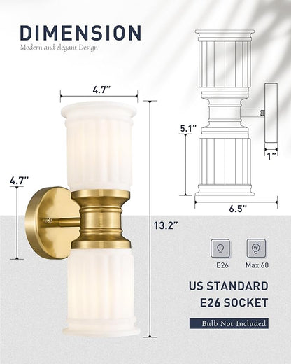 Gold Sconce Wall Lighting, HWH Indoor Bathroom Sconces with Frosted White Bell-Shaped Glass, Up and Down Vanity Lights Fixtures for Bathroom, Gold Finish, 5HZG106B-2W BG-ML