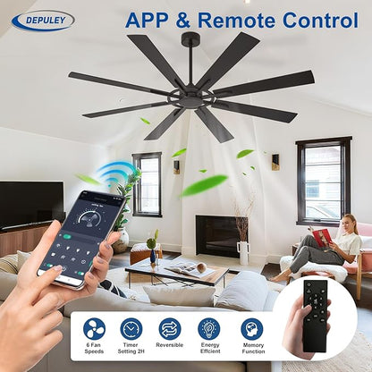 Ceiling Fan Without Light: 66 Inch Big Indoor Outdoor Fan with Remote APP Control - Black Wood Grain Large Ceiling Fan no Light 8 Blade Reversible Quiet DC Motor Memory Function Timer