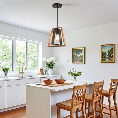 3 Pack Kitchen Island Pendant Lights, Black Industrial Metal and Vintage Wood Hanging Light, Mini Farmhouse Chandelier, Adjustable Height Rustic Ceiling Lamp for Entryway, Dining Room, Foyer