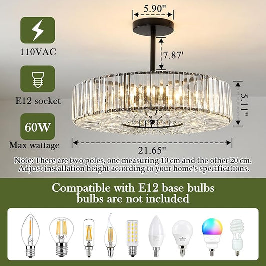 Piepooye 8 Lights Modern Large Crystal Chandelier Black Round Semi Flush Mount Ceiling Light Fixture Farmhouse Chandelier for Dinning Room Living Room Bedroom Hallway Entryway Kitchen