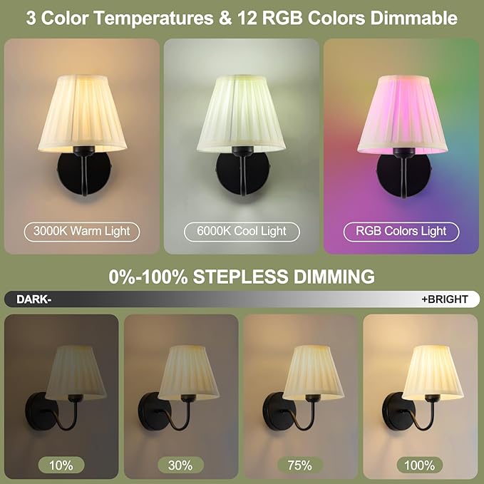 Vintage Battery Operated Wall Sconces Set of 2, Pleated Fabric Shade Black Wall Lamp with Remote Control, Cordless Rechargeable Wall Sconces Fixtures for Bedroom, Living Room, Beside