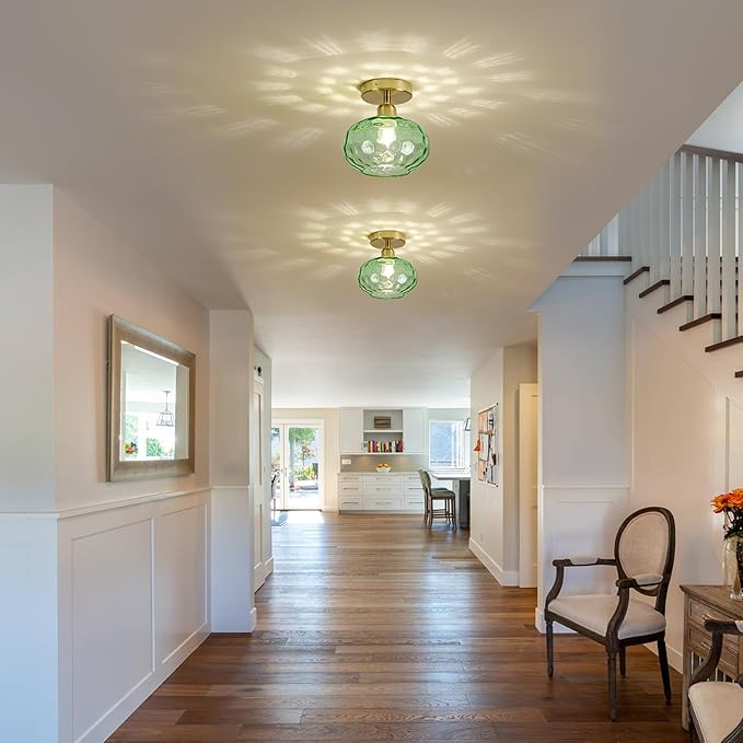 Luafac Green Glass Semi Flush Mount Ceiling Light - 2 Pack,7.9 Inch Hammered Glass Hallway Light fixtures Ceiling, Vintage Gold Art Deco Ceiling Light for entryway Foyer Laundry Room Kitchen
