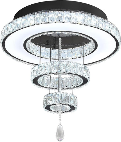 Flashing God Dia 24" Modern Chandelier for Living Room Black Crystal Ceiling Chandelier Flush Mount Ceiling Light for Dining Room Bedroom Hallway LED Light Fixture Dimmable with Remote