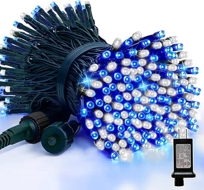 LAMPHOME 66FT 100 LED Blue White String Lights, 16 Modes Plug In Mini Fairy Lights, Waterproof Outdoor Christmas Lights for Hanukkah Xmas Tree Garland Bedroom Ocean Party July 4th Patriotic Decoration