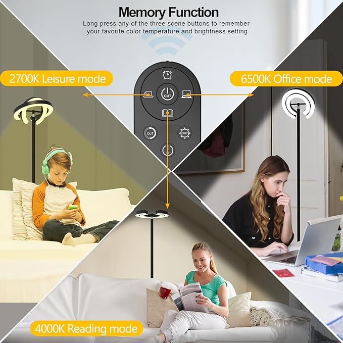 EPABINA Floor Lamp for Living Room, 75.5 Inch Tall Standing Lamp for Bedroom with 2 312° Rotatable Ring Lights, 36W Bright Stepless Dimmable LED Floor Light with Remote Control for Office Dining Room