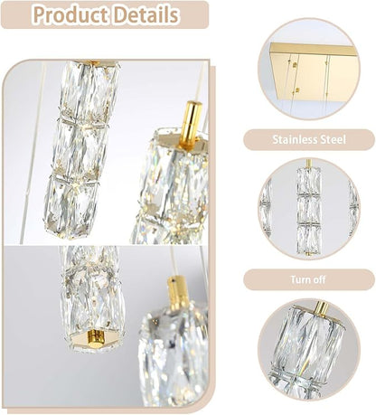ykolupty Rectangle Crystal Pendant Lights LED Dimmable Pendant Ceiling Lighting Modern Linear Chandelier for Dining Room Hallway Gold