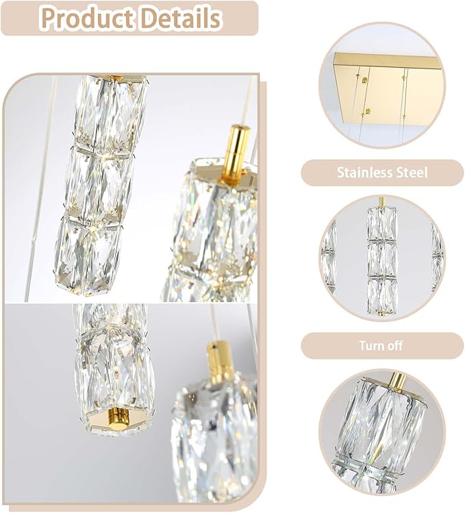 ykolupty Modern Rectangle Chandelier 16-Lights Crystal Chandeliers LED Dimmable Gold Linear Chandelier Flush Mount Crystal Pendant Light for Living Room Dining Room Foyer
