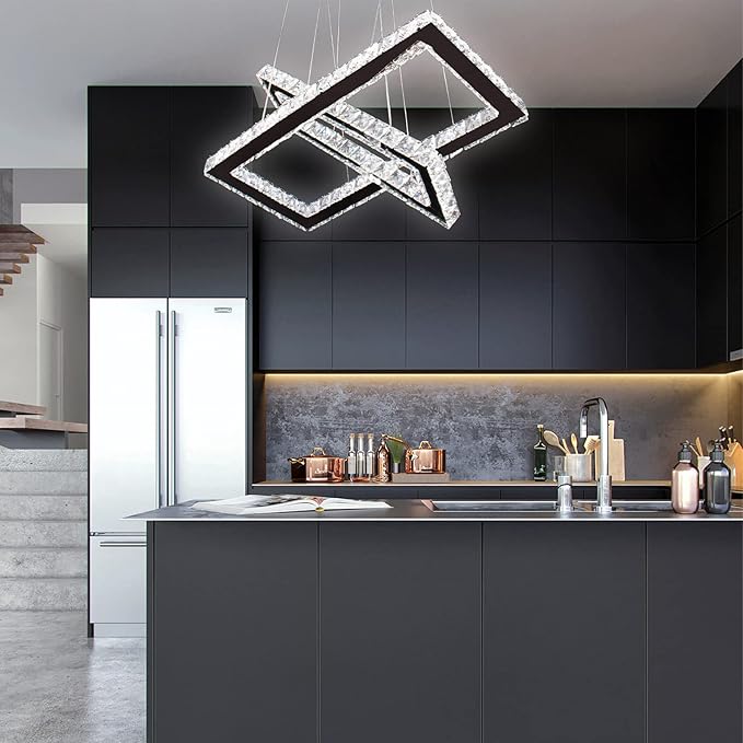 Dimmable Crystal Chandelier, Modern Rectangular 2 Ring LED Pendant Light with Remote & App Control, 20.5"+17" Adjustable Hanging Height, 3 CCT 2500K/4500K/6500K, Kitchen Island Dining Room