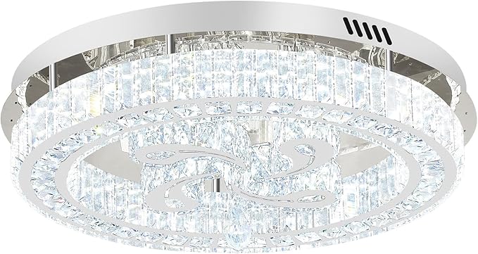 24'' Silver Modern Crystal Chandelier LED Dimmable Flush Mount Crystal Ceiling Light for Living Room Bedroom Dining Room