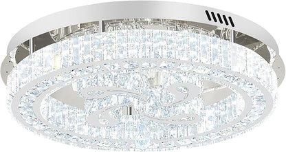 24'' Silver Modern Crystal Chandelier LED Dimmable Flush Mount Crystal Ceiling Light for Living Room Bedroom Dining Room