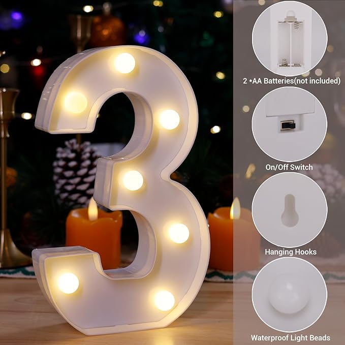 LED Marquee Sign Light Up Letters, Alphabet Light Up Letters Sign, Battery Powered LED Letter Lights for Night Light, Wedding, Birthday, Party, Christmas or Home Decor (Number 3)