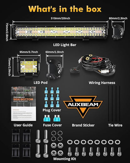 Auxbeam 6 Modes Amber White Series, 4" LED Pods with 20" LED Light Bar Combo Set, Dual Color Strobe Flash/Warning/Signal Spot Flood Combo Auxiliary Offroad Fog Lights, 3 Packs