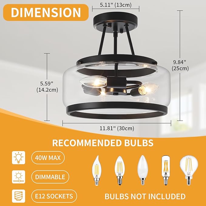 11.81" Black Semi Flush Mount Ceiling Light Fixture Modern Glass Kitchen Lighting Fixtures Ceiling Lights 3-Light Hallway Light Fixtures Drum Entryway Chandelier for Bedroom Foyer Laundry Dining Room