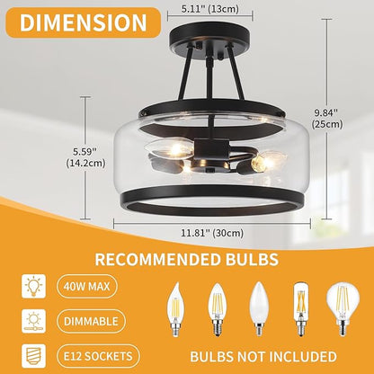 11.81" Black Semi Flush Mount Ceiling Light Fixture Modern Glass Kitchen Lighting Fixtures Ceiling Lights 3-Light Hallway Light Fixtures Drum Entryway Chandelier for Bedroom Foyer Laundry Dining Room
