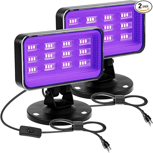 30W Black Lights for Glow Party - High Power LED Outdoor Black Light Flood Light Plug in IP66 Waterproof Blacklight Spotlight 395nm Blacklights FloodLight for Glow Party, Halloween (2 Pack)