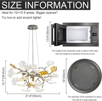 AioTio Black Modern Chandeliers for Dining Room, D21.6'' Round Tree Branch Glass Ginkgo Leaf Farmhouse Chandelier,Silver Art Deco Ceiling Hanging Chandelier for Living Room,Entryway,Foyer,Kitchen