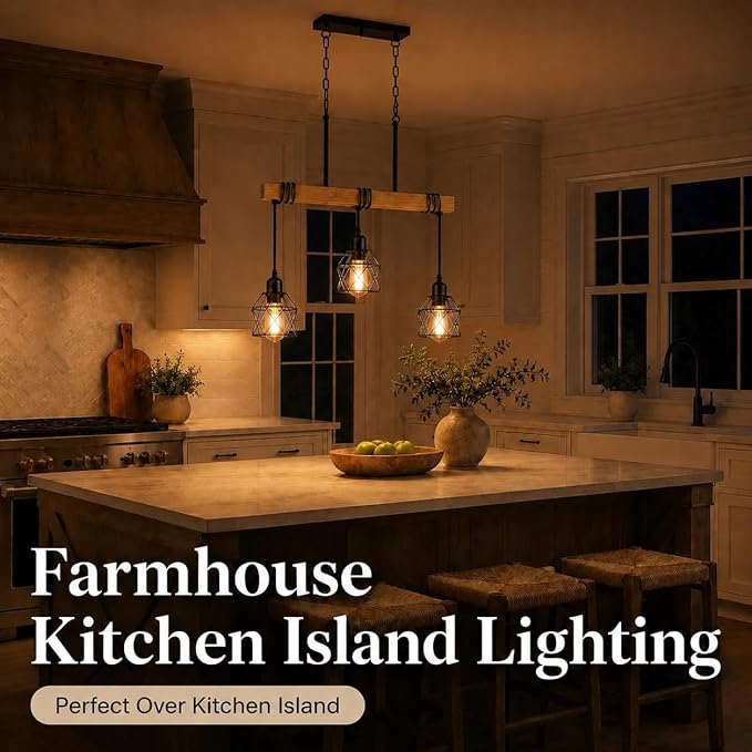 3 Light Farmhouse Kitchen Island Lighting,Dining Room Light Fixture,Adjustable Height Pendant,Real Wood and Black Metal Cage Chandelier for Kitchen,Dining Room