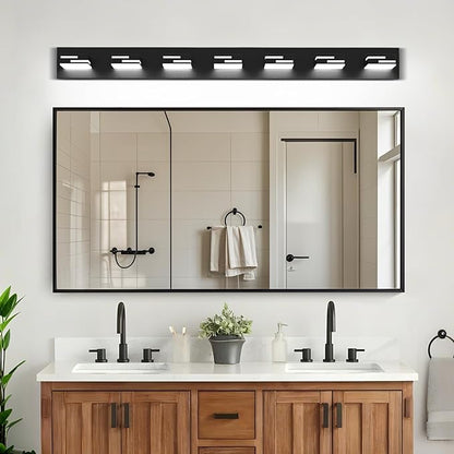 LED Modern Bathroom Vanity Light Fixtures, 7-Light 48-inch Dimmable Matte Black Vanity Lights for Bathroom Lighting Fixtures Over Mirror, with 360° Rotatable Acrylic Heads (Cool White 6000K)