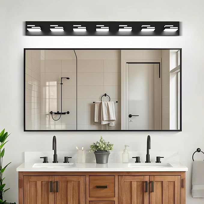 LED Modern Bathroom Vanity Light Fixtures 7-Light 48-inch 5CCT Dimmable Matte Black Vanity Lights for Bathroom Lighting Fixtures Over Mirror, with 360° Rotatable Acrylic Heads