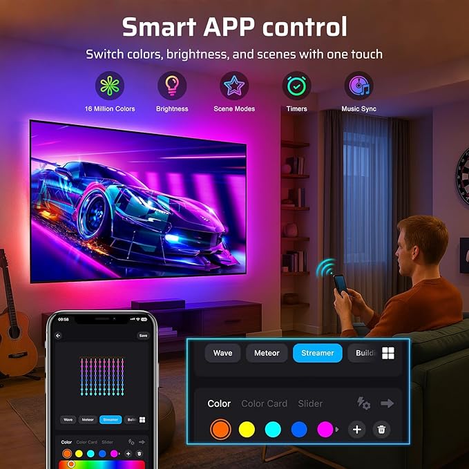 Smart TV LED Backlight, Flowing Color Changing TV Light Strip, 9.8ft LED Strip Lights for 32-43in TVs, Works with Alexa and Google, Music Sync, WiFi and App Control, LED Lights for Gaming Room Decor