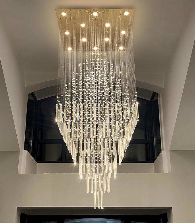 HAIXIANG W32 x H120 Glam Chandelier with LED Bulbs Square Chandeliers, Crystal Raindrop High Ceiling Pendant Light for Entrance Large Villa Foyer Lighting Fixtures Gold