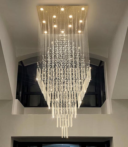 HAIXIANG W32 x H120 Glam Chandelier with LED Bulbs Square Chandeliers, Crystal Raindrop High Ceiling Pendant Light for Entrance Large Villa Foyer Lighting Fixtures Gold