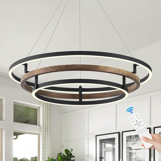 Benkut 3 Rings Modern LED Chandelier Black Dimmable Circular Pendant Light for Dining Room, Foyer Chandelier with Remote Control Flush Mount High Ceiling Light for Kitchen Living Room, D30.7In